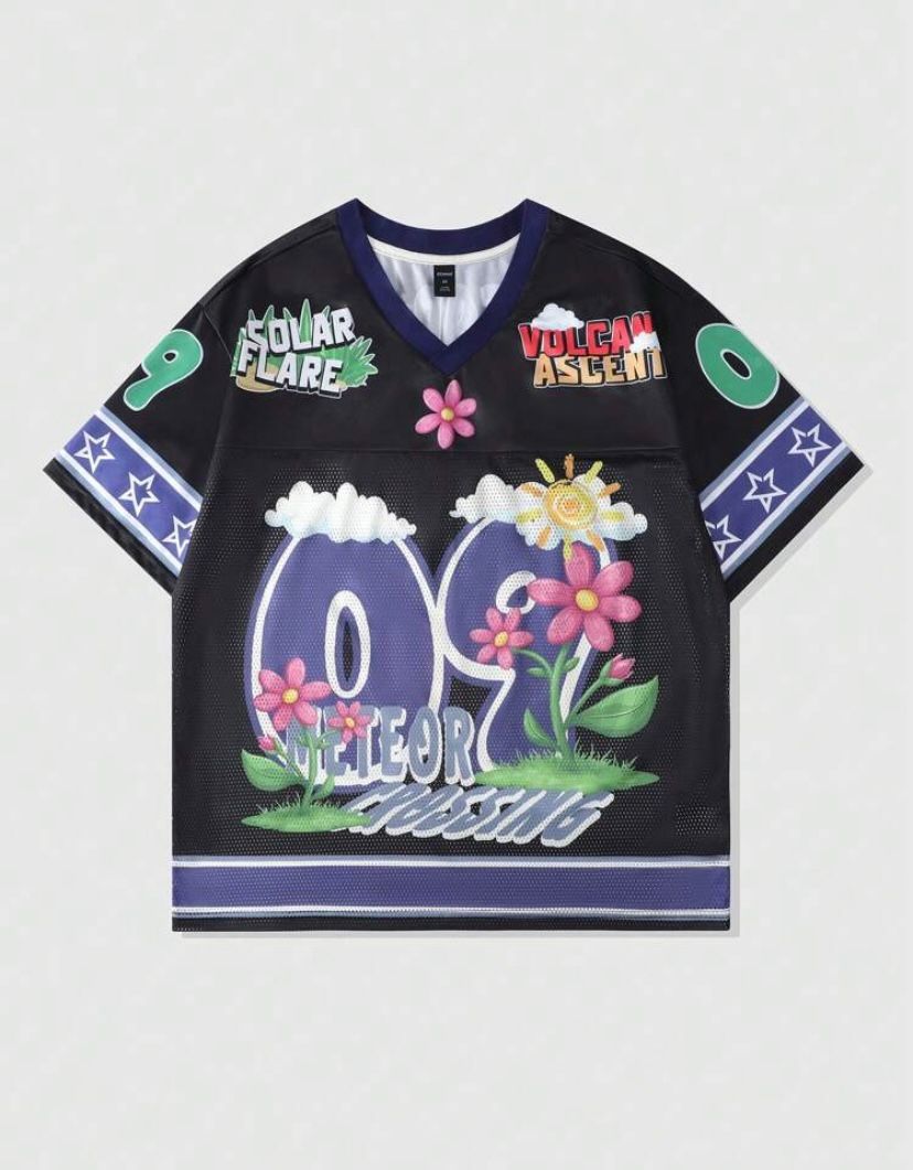 Prep Men's Floral Printed Mesh Fabric Patchwork Sporty Short Sleeve T-Shirt, Sport Jersey