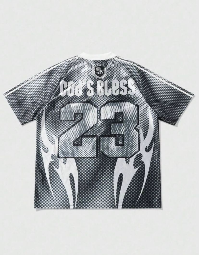 black and white graphic print football jersey featuring "God's Bless" text and the number "23"