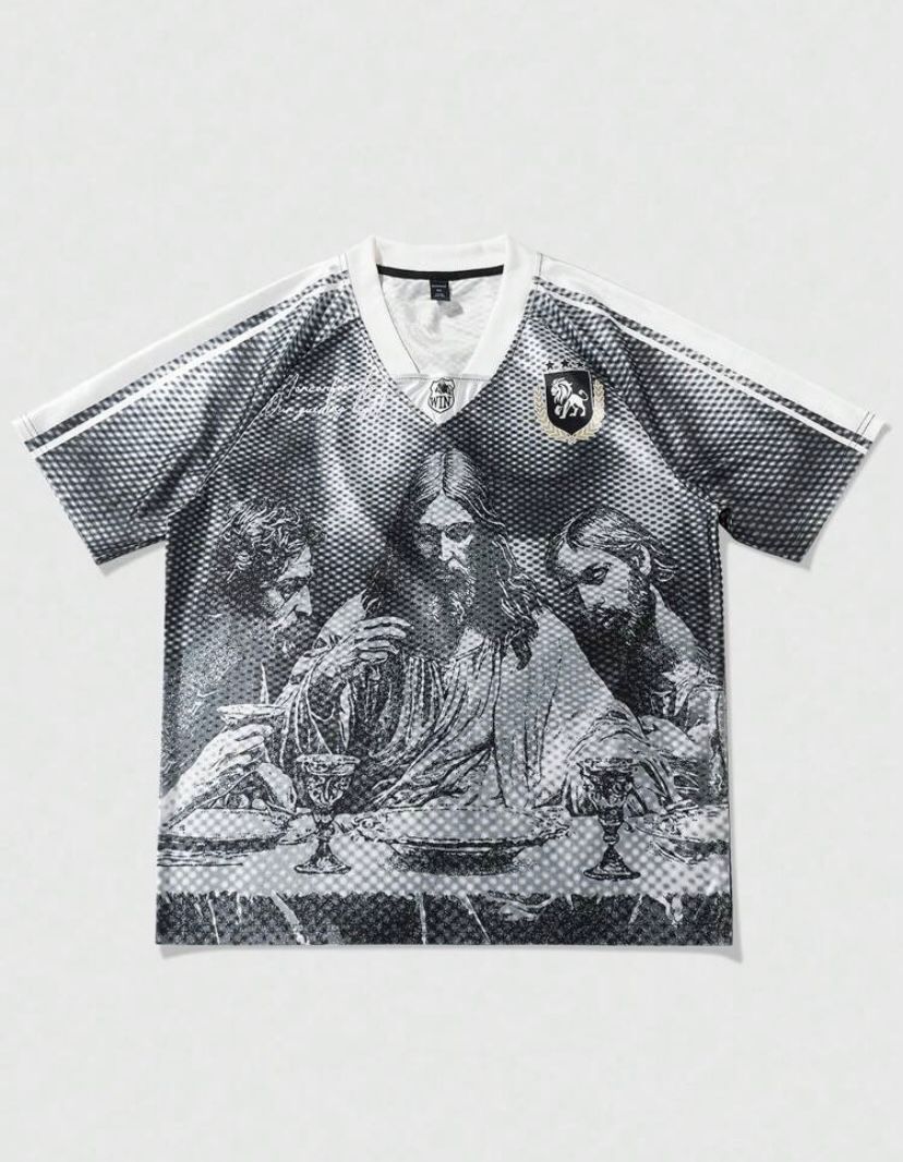 black and white graphic print football jersey featuring "God's Bless" text and the number "23"