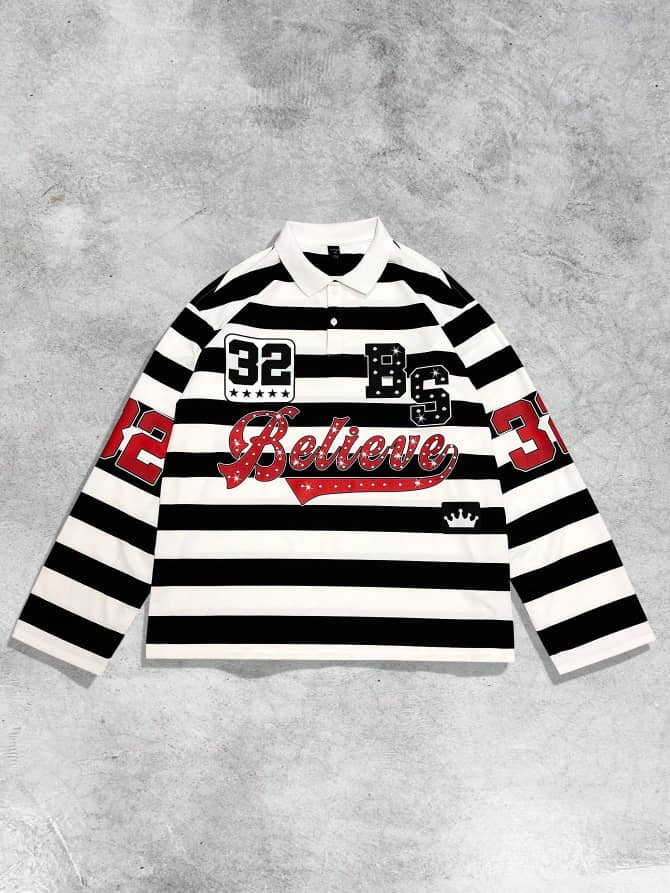 Street Life Men's Sparkling Diamond Striped Loose Fit Long Sleeve Polo Shirt