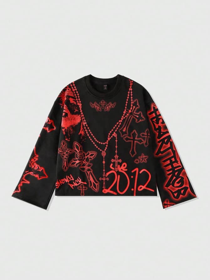 Street Life Men's Loose Cropped Cross Printed Long Sleeve