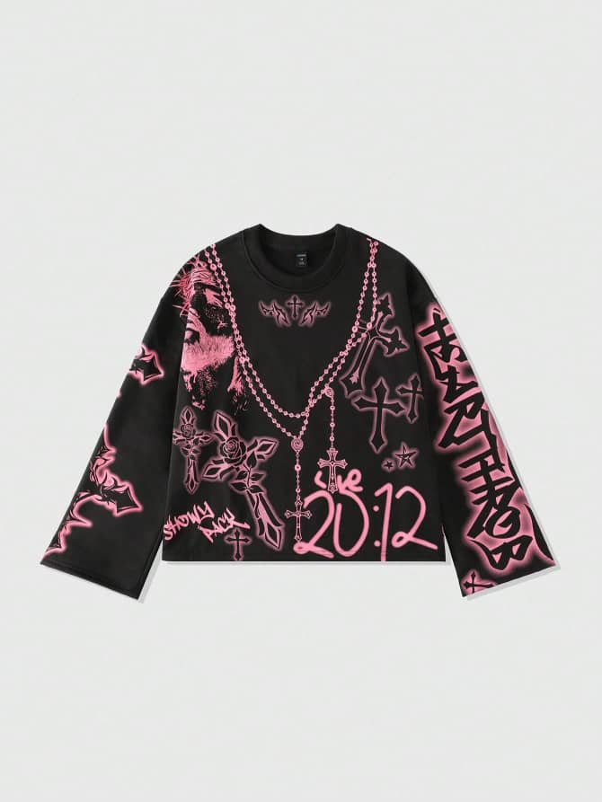 Street Life Men's Loose Cropped Cross Printed Long Sleeve