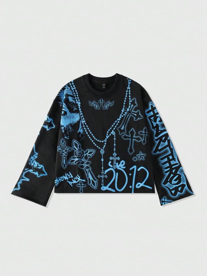 Street Life Men's Loose Cropped Cross Printed Long Sleeve