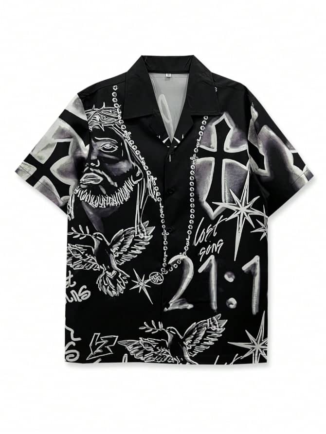 Street Life Men's Loose Cropped Cross Printed Short Sleeve