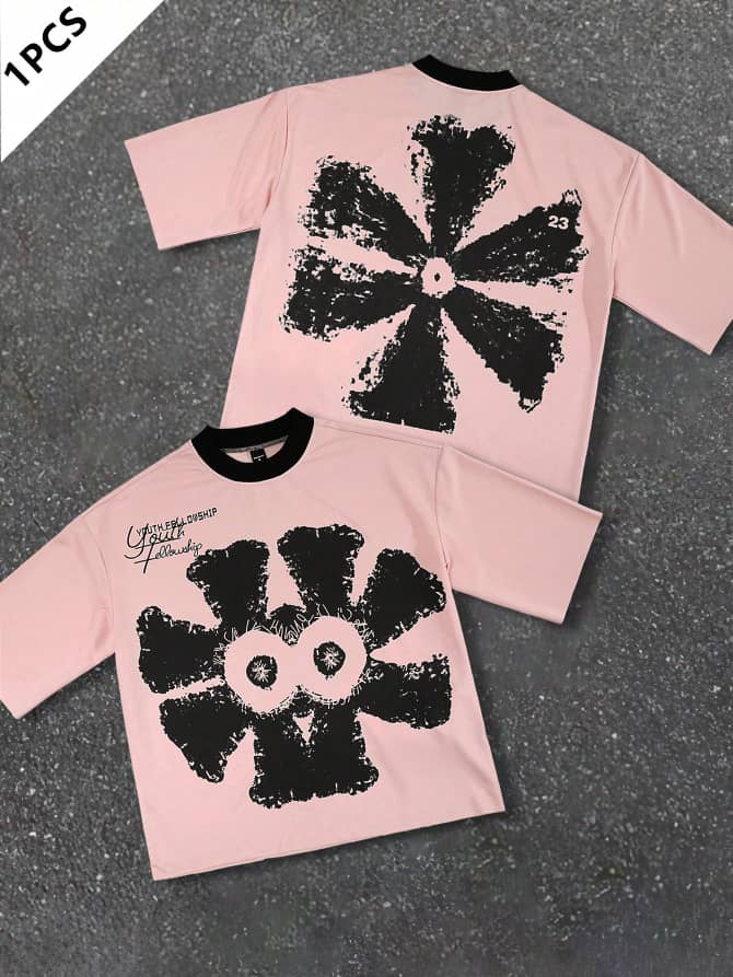 Manfinity EMRG Men's Floral & Letter Print Round Neck Short Sleeve T-Shirt PINK