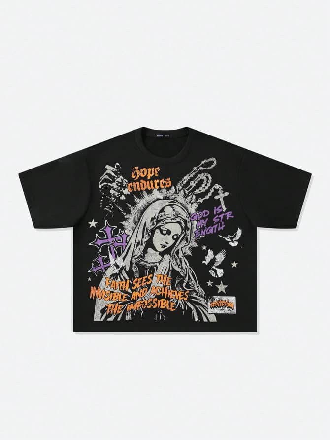 Goth Men's Virgin Mary Print Short Sleeve T-Shirt, Loose Cropped Fit