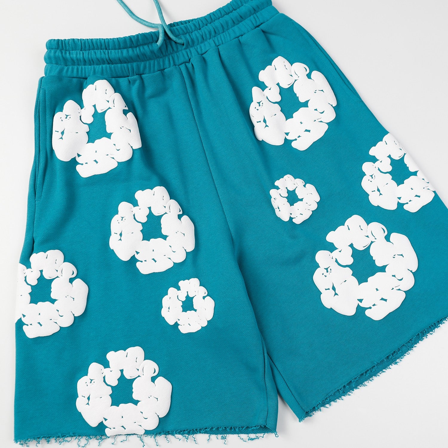 GOTOFREE 24SS BLUE COTTON WREATH SHORTS DENIM TEAR FLOWER PUFF PRINTED JOGGERS